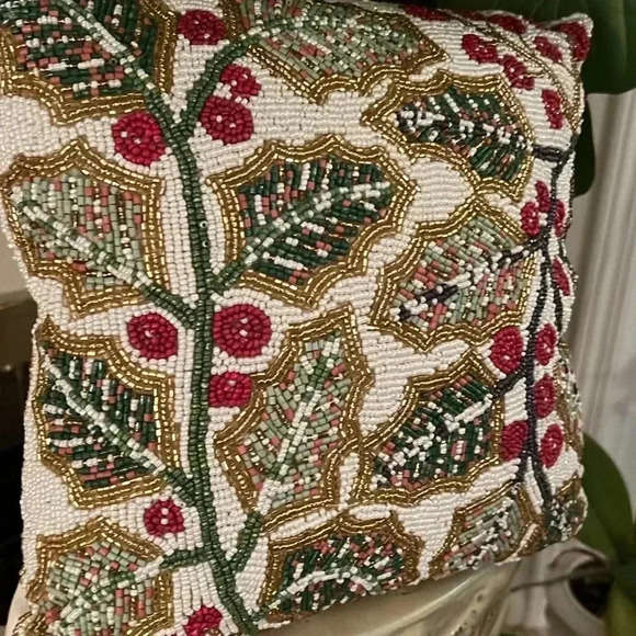 Cherished Traditions Holly & Berry Beaded Accent Pillow Christmas Decor - Picture 7 of 15
